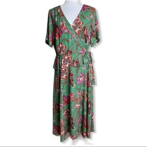 NWT Gibson Latimer Green Floral Lined V Neck Side Tie Accent Dress Women’s Sz S